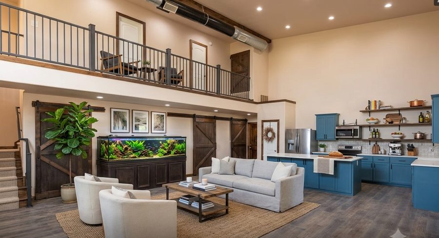 Luxury live/work loft with open-concept kitchen and lofted second level
